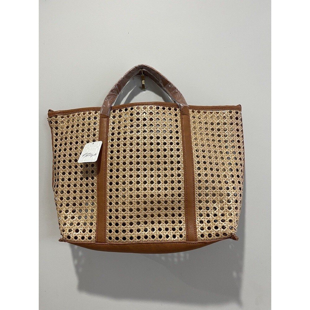 Free People Santai Straw Tan Brown Beach Tote Classic Woven Wicker Bag NWT